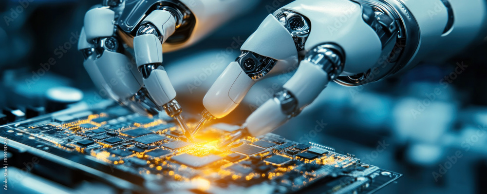 Poster a robot is working on a computer chip. the robot is made of metal and has two hands. the robot is fo