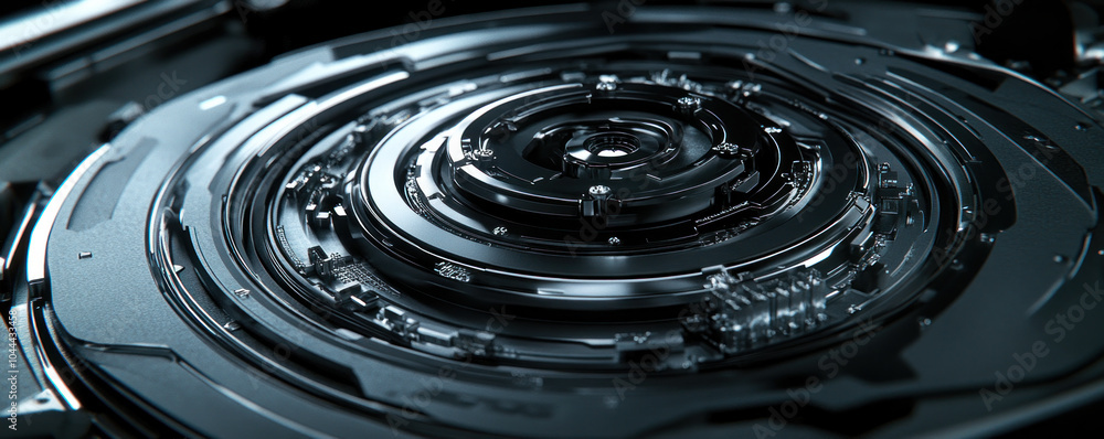 Poster a close up of a metallic object with a circular shape. the object is made of metal and has a shiny, 