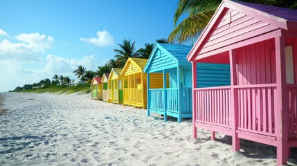 Colorful beach cabanas lining the shore, inviting visitors to relax and enjoy the scenery.