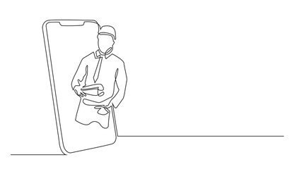 continuous line drawing of contractor and mobile phone.single line of house building services.single line vector of architectural services.isolated white background