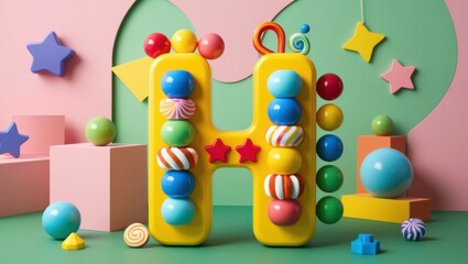 Colorful 3D letter H, candy-covered typography, vibrant gumballs, playful design, green background, yellow star shape, cheerful children's alphabet, glossy surfaces, whimsical typography art, bold col