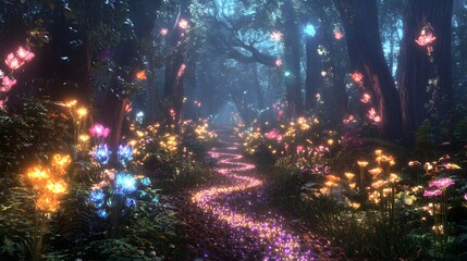 Fototapeta premium A magical forest path winding through towering trees adorned with luminous flowers and glowing creatures