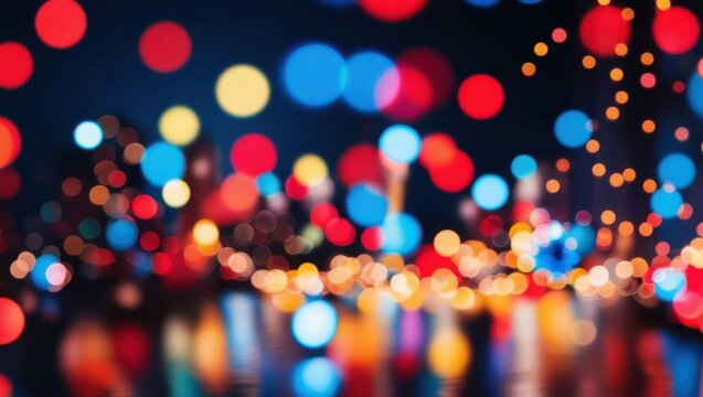colorful bokeh lights, nighttime cityscape, blurred reflections, vibrant red and blue orbs, glowing circles, urban night scene, defocused city lights, water reflection, dreamy atmosphere, luminous sph