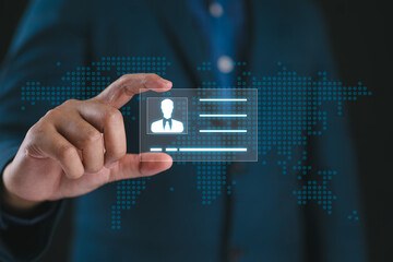 Businessman Holding Digital ID profile Card for Modern Business Authentication and Digital Security Privacy concept