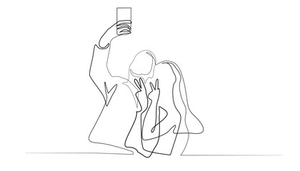 continuous line of male and female couples taking selfies.single line of men and women capturing the moment of taking a photo together.Smartphone camera technology.one line drawing vector illustration