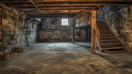 An Abandoned Stone Basement with a Wooden Stairway and a Single Window
