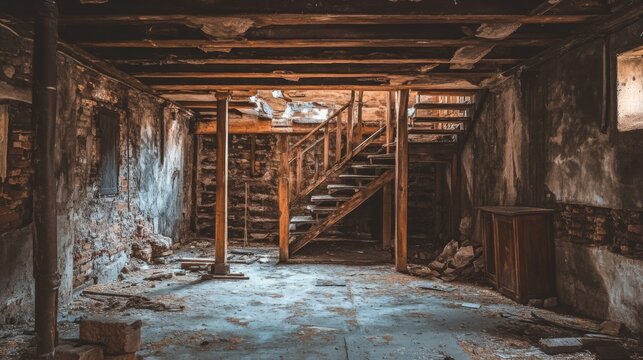 Abandoned Basement with Wooden Stairs and Rubble