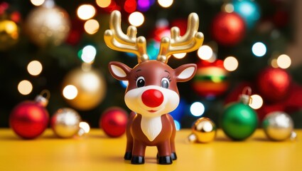 Fototapeta premium Cute reindeer plush toy, smiling, colorful bokeh lights background, Christmas theme, close-up portrait, soft focus, warm tones, festive atmosphere, holiday cheer, adorable character, fuzzy texture, bi