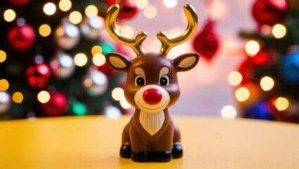 Cute reindeer plush toy, smiling, colorful bokeh lights background, Christmas theme, close-up portrait, soft focus, warm tones, festive atmosphere, holiday cheer, adorable character, fuzzy texture, bi