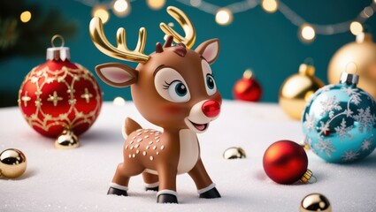 Fototapeta premium Cute reindeer plush toy, smiling, colorful bokeh lights background, Christmas theme, close-up portrait, soft focus, warm tones, festive atmosphere, holiday cheer, adorable character, fuzzy texture, bi