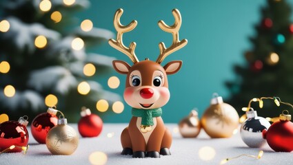 Cute reindeer plush toy, smiling, colorful bokeh lights background, Christmas theme, close-up portrait, soft focus, warm tones, festive atmosphere, holiday cheer, adorable character, fuzzy texture, bi