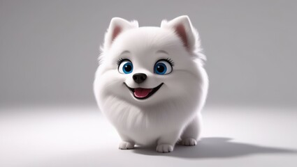 Fototapeta premium Cute cartoon white puppy, fluffy fur, big expressive eyes, smiling face, small round body, stubby legs, perky ears, chibi style, 3D rendering, soft lighting, grey background, playful pose, adorable ch