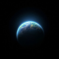 Obraz premium A blue world floating in a vast universe full of stars, illuminated by warm sunlight.