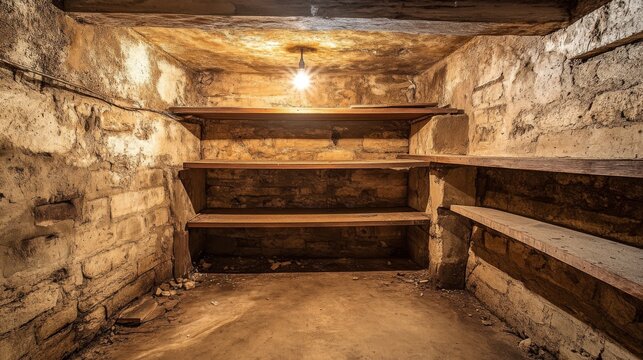 Empty Wooden Shelves in a Stone Basement