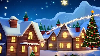 village star Christmas decorated shooting Animation digital holiday festive festivity house home light decoration illuminated snow snowy winter cold cute quaint moon computer-generated tree twinkling - Powered by Adobe