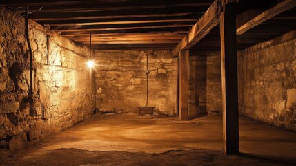A Dimly Lit Stone Basement with Exposed Wooden Beams