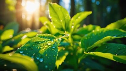 Vibrant green leaves, macro photography, water droplets, bokeh background, sunlight flare, dew-covered foliage, fresh nature, shallow depth of field, lush plant close-up, morning dew, ethereal glow, v