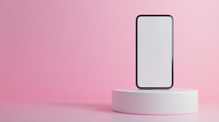 Sleek smartphone displayed on a white pedestal against a soft pink background, perfect for technology or product showcase.