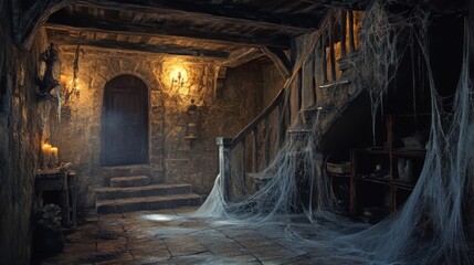Naklejka premium A Spooky Stone Hallway with Cobwebs and a Staircase