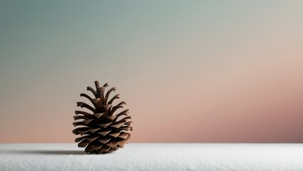 pinecone, minimalist, serene landscape, soft gradient sky, pastel colors, lone object, snow-covered ground, winter scene, simplicity, tranquil atmosphere, nature photography, subtle lighting, muted to