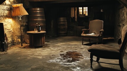 A dimly lit room with an antique chair and a wooden table with wine bottles