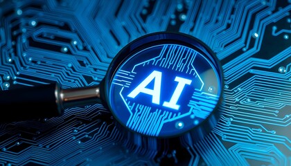 Hand with a magnifying glass zooming in AI on a circuit board background, technology and innovation in the Ai. Wallpaper, ai background Generated Ai