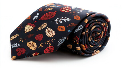 Elegant Thanksgiving themed tie featuring vibrant pattern of leaves, acorns, and fruits, perfect for festive occasions. This stylish accessory adds touch of seasonal charm to any outfit