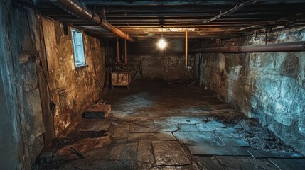 A Dark and Damp Basement with a Single Lightbulb