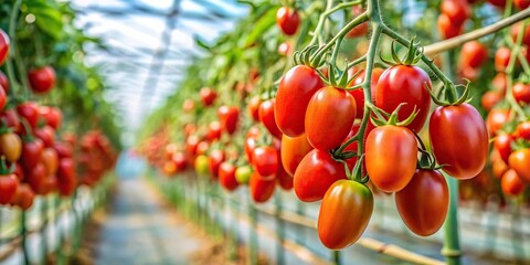 Obraz premium Ripe plum tomatoes hanging on vine in greenhouse