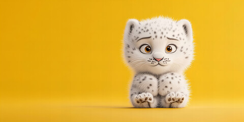 Banner with cute white leopard cub sitting, yellow background highlighting innocence and charm character