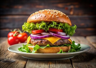 Savor a juicy hamburger, expertly crafted with fresh ingredients and delightful toppings, served on a plate, ready to fulfill your cravings for flavor and satisfaction.