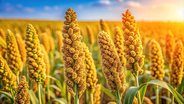 Ripe proso millet stems with seeds and groats