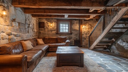 Rustic Living Room with Stone Walls, Exposed Beams, and Leather Sofa