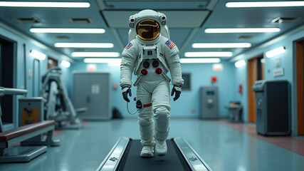 Astronaut Running on a Treadmill in a Spaceship Gym, Space Suit Fitness Routine Concept.