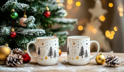 Obraz premium A whimsical flat-lay of a pair of white mugs with winter designs, placed in front of a beautifully decorated Christmas tree and ornaments