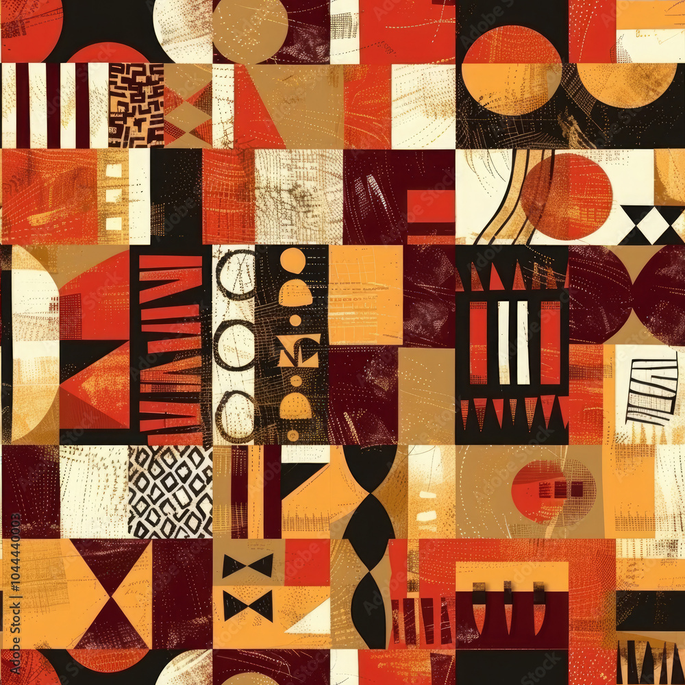 Poster bright geometric shabby seamless bauchaos style pattern with different shapes in warm hues.aged desi