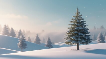 Fototapeta premium Winter landscape, snow-covered pine trees, misty forest, soft lighting, ethereal atmosphere, pastel colors, serene, peaceful, minimalist composition, dreamy, fairy tale aesthetic, gentle slopes, cool 