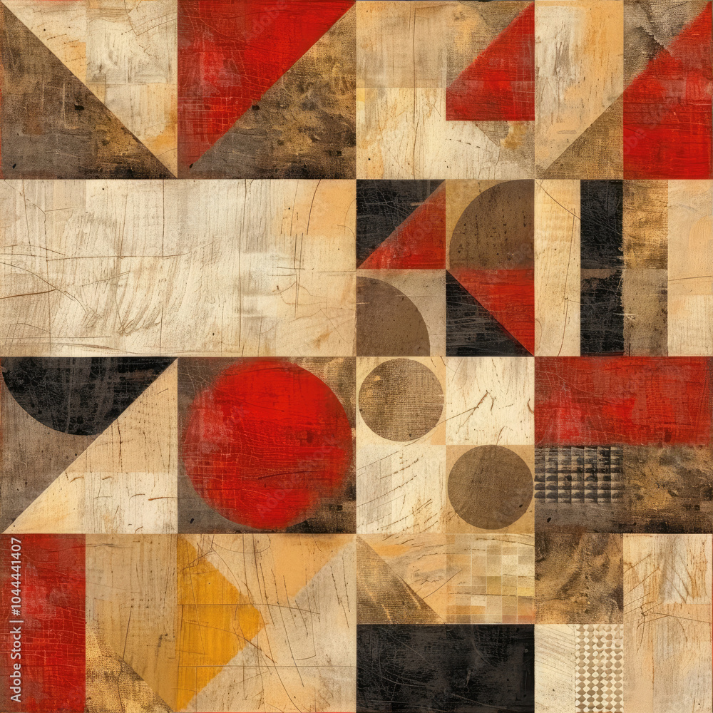 Poster bright geometric shabby seamless bauchaos style pattern with different shapes in warm hues.aged desi