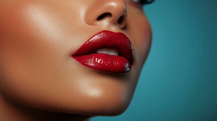 Obraz premium Close-up of a woman's lips with red lipstick