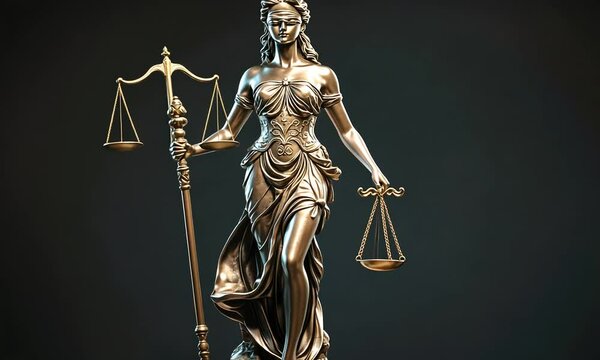A bronze statue of Lady Justice holding scales and a sword, symbolizing fairness and law.