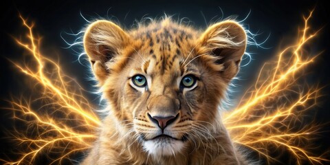 Fototapeta premium A lightning lion cub with electric sparks playing around its furry mane and bright eyes, lion, cub, lightning, electric, sparks, furry