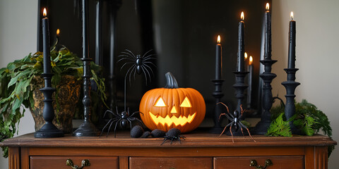 Spooky Halloween Decor with Pumpkin and Black Candles on Wooden Mantle