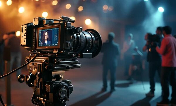 A camera setup ready for capturing cinematic scenes in a dimly lit environment.