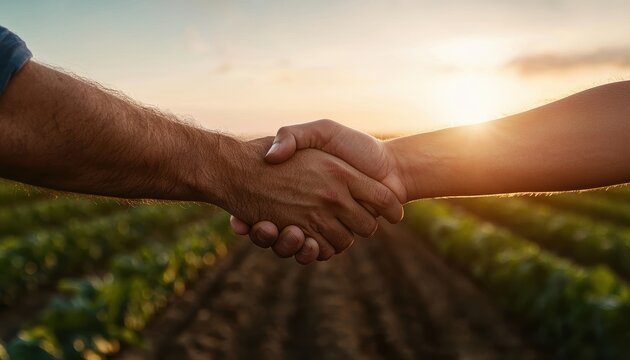 This image captures a handshake between two individuals against the backdrop of a picturesque vineyard at sunset, symbolizing partnership and collaboration in agriculture.