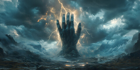 A giant stone hand emerges from the swirling clouds, its palm grasping a bolt of lightning as if wielding the power of the storm. The hyper-realistic fantasy art captures the raw energy of nature with