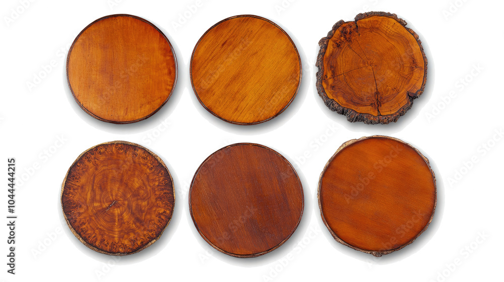 Poster set of six empty wooden table tops isolated on a clear background generative ai