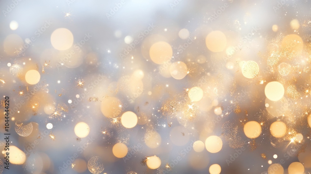 Poster a bokeh abstract background with soft, glowing orbs of light in gold and white, creating a festive a