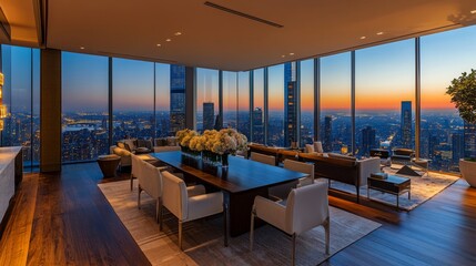 Modern Dining Room with Cityscape View at Sunset