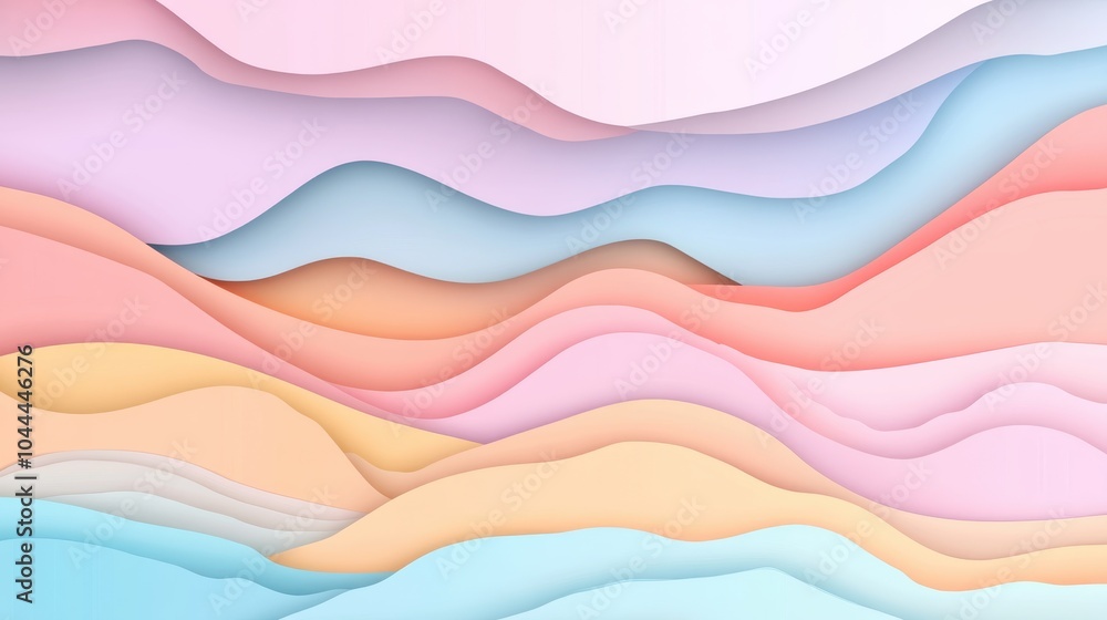Poster a vector background with layered paper-cut style shapes in pastel colors, creating a sense of depth 