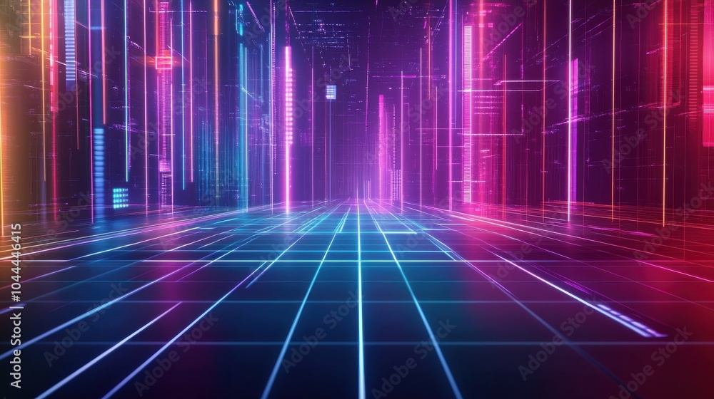 Poster a futuristic vector background with neon-colored gridlines and 3d shapes, evoking a virtual reality 